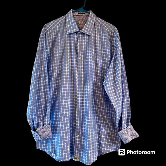 Men's Bugatchi Blue And White Plaid Long Sleeve Shirt Size / XL